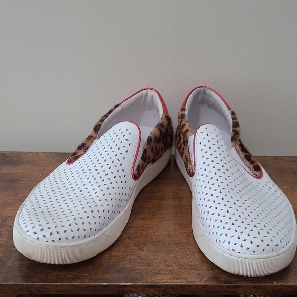 Johnston & Murphy Shoes - Johnston & Murphy White with Leopard Print & Red Patent Ankle Accent Sneaker 9.5